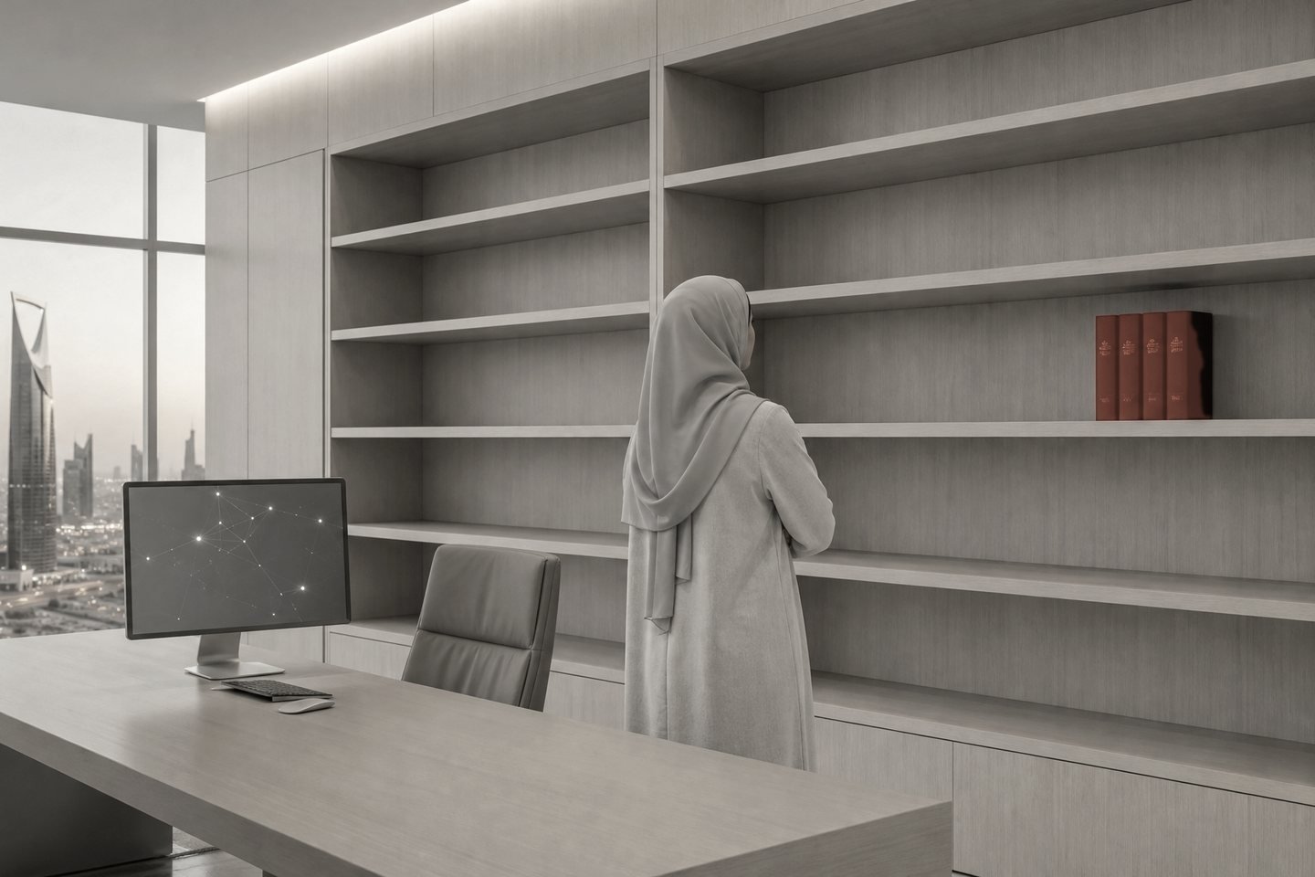 رفوف مكتبة شبه فارغة فيها بضعة مجلدات فقط، وأمامها شاشة مضيئة.